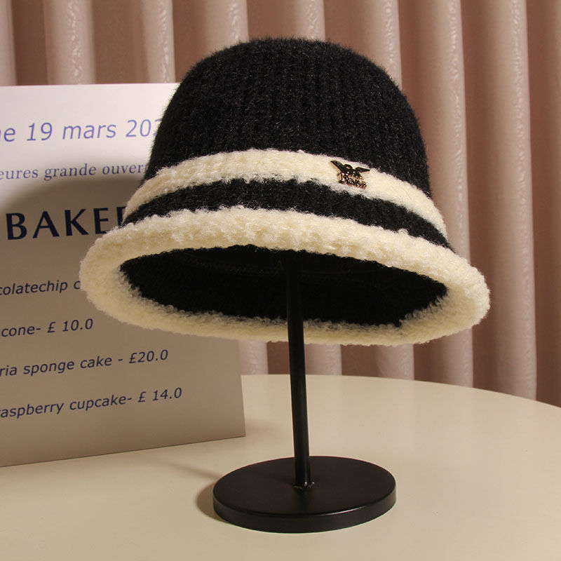 黑色毛絨漁夫帽女時尚保暖韓版百搭顯臉小盆帽素顏針織水桶帽秋冬新款【倪醬】