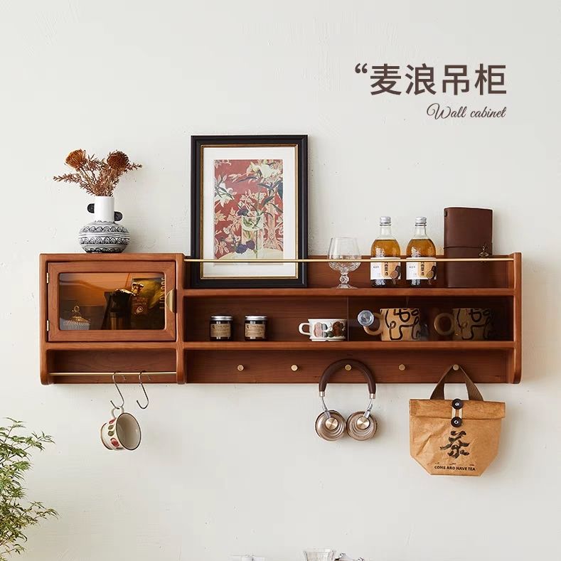 免運/可開發票 牆上置物架 壁掛架 實木小吊櫃墻上置物架掛墻式復古玻璃杯子櫃北歐儲物櫃廚房墻壁櫃 快速出貨