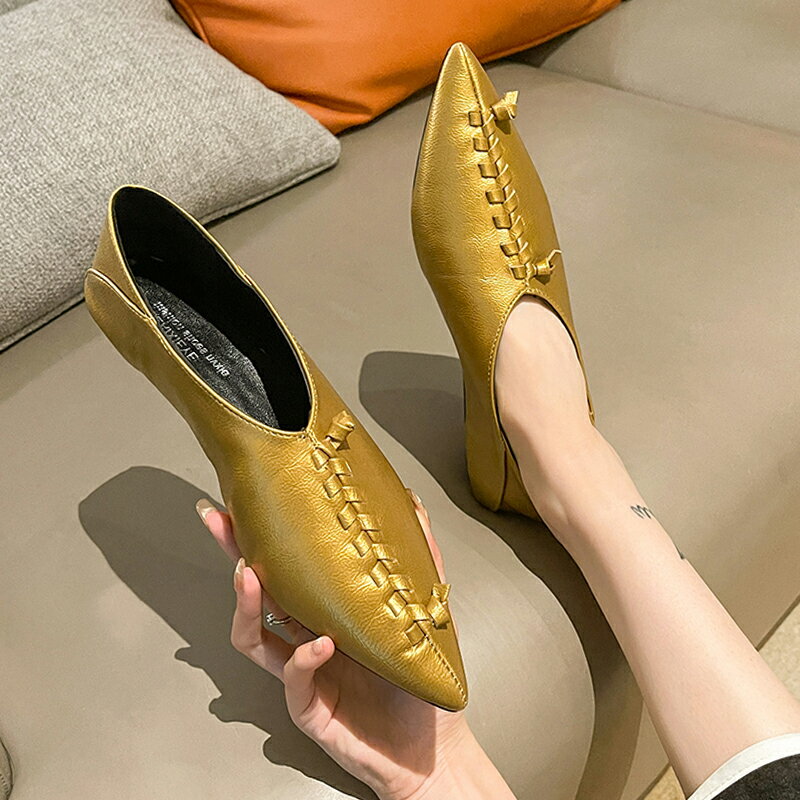 阿希哥同款鞋金色尖頭奶奶鞋女一腳蹬2021年春秋新款平底淺口單鞋