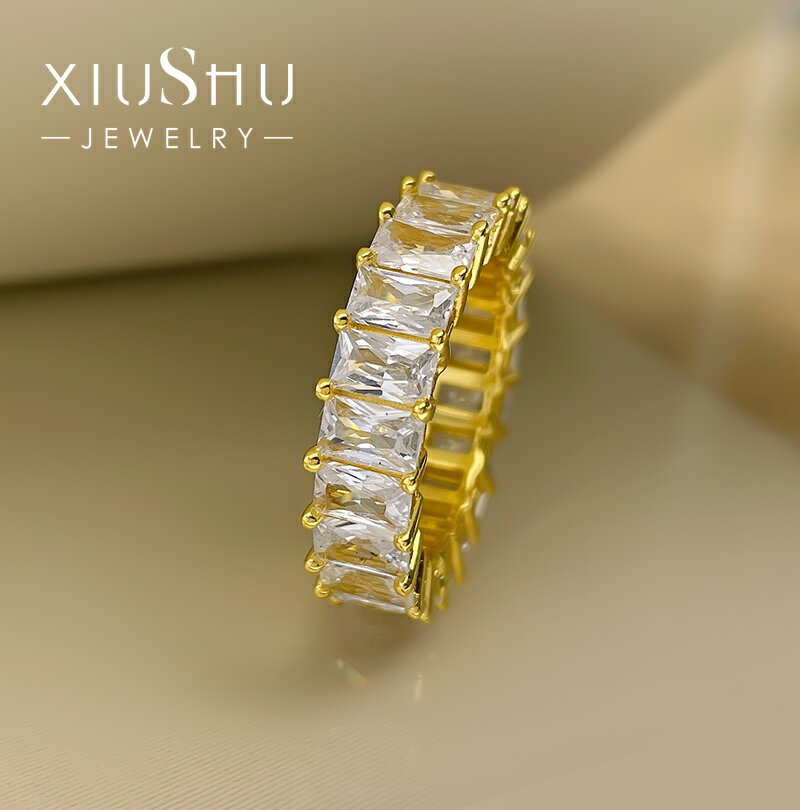 XIUSHU排鉆戒指女食指誇張戒子疊戴把指環寬高碳鉆925純銀