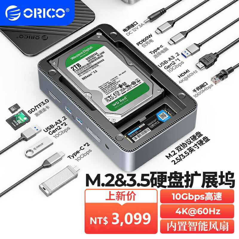 Orico M.2 3.52.5 雙硬盤SSD 外殼 USB C HUB 10 合 1 多功能擴展塢帶PD100W