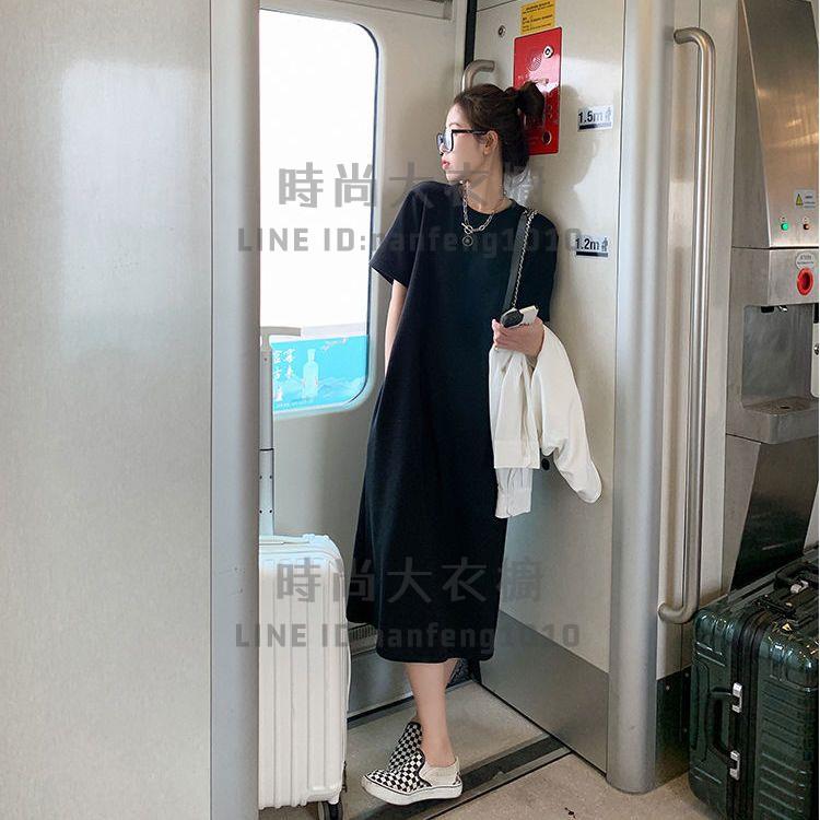 華夫格短袖t恤裙女小個子休閒寬鬆中長款過膝裙慵懶風打底連身裙【 大衣櫥】