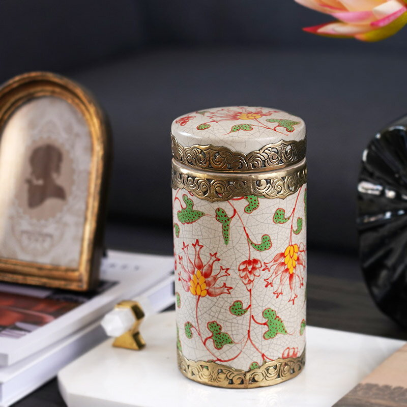 新中式越南進口手繪陶瓷銅邊茶葉罐手工工藝品古典復古儲物罐收藏