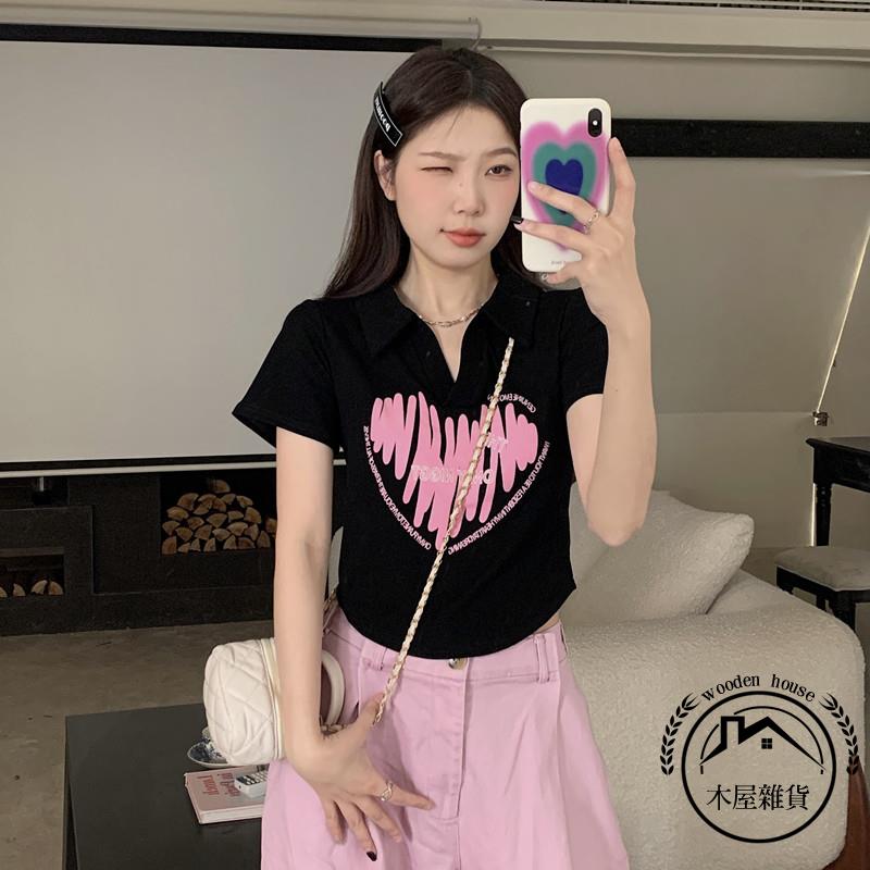 不規則v領短袖t恤夏季設計感正肩polo衫大碼辣妹短款上衣女士服飾【木屋雜貨】