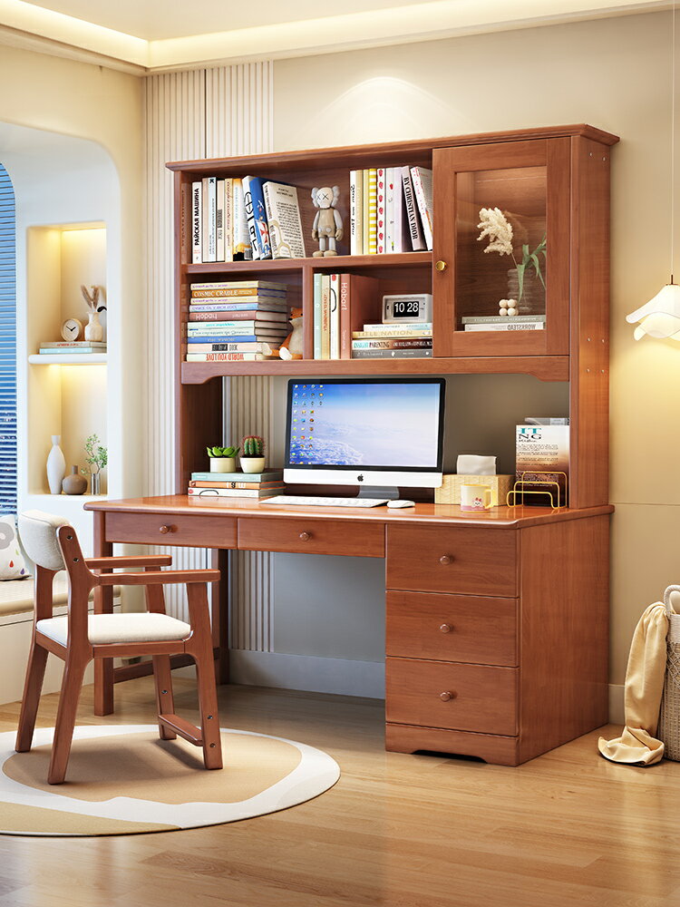 簡易現代實木電腦桌書桌書柜組合式辦公桌家用臥室成人學生寫字桌 0