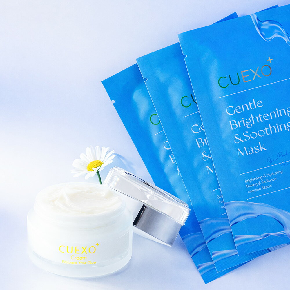 面膜x乳霜｜舒緩修護【CUEXO+水潤舒顏煥白面膜3片+美白乳霜】菸鹼醯胺x傳明酸x羥基積雪草苷x玻尿酸x美白九胜肽x純淨海藻｜亮白+保濕+穩膚｜敏感肌／醫美美容後適用