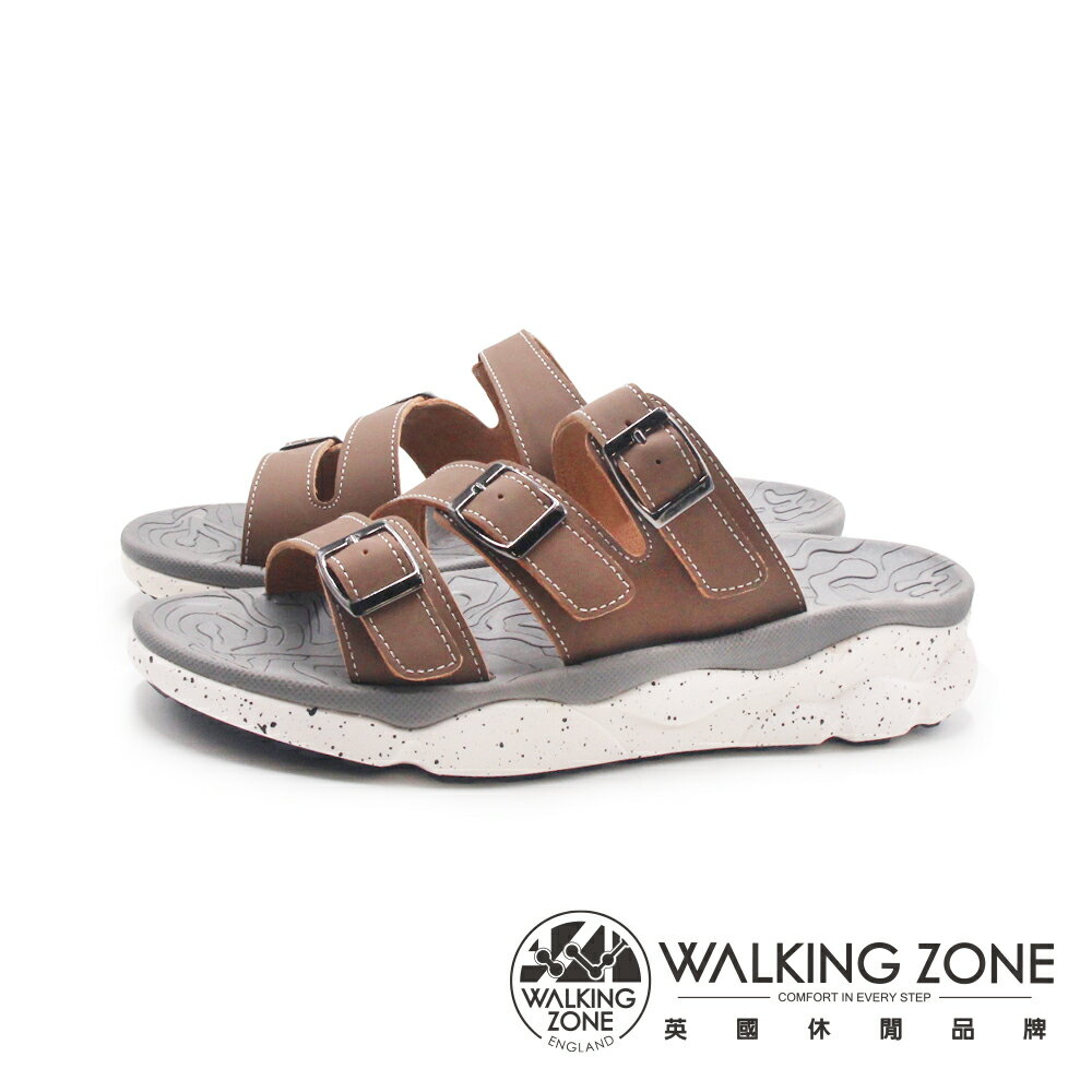 WALKING ZONE(男)三帶皮釦增高厚底拖鞋 男鞋-冷棕色