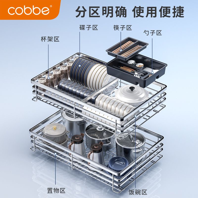 【可開發票】【破盤價】卡貝304不銹鋼抽屜式碗籃廚房櫥柜內雙層抽拉藍收納廚柜碗碟拉籃 3
