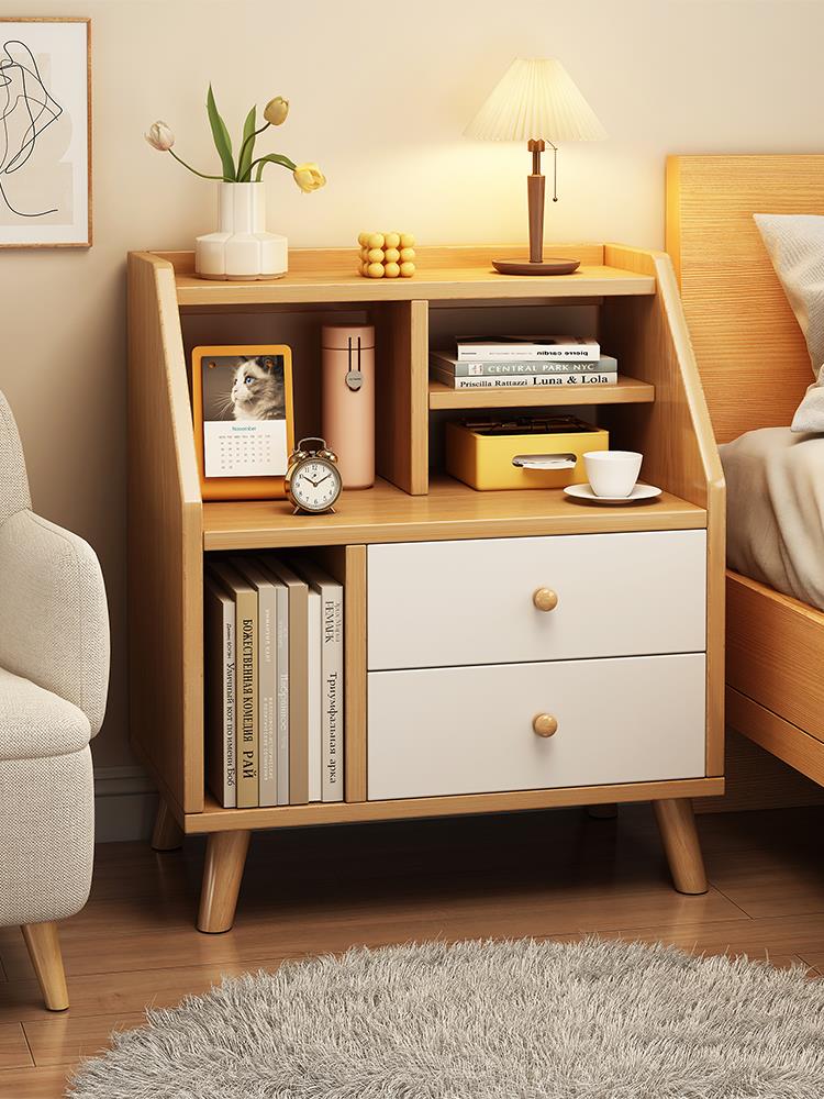 床頭柜現代簡約臥室收納柜出租房小型輕奢實木腿儲物柜床頭置物架