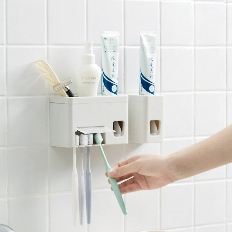 家用創意多功能擠牙膏器免打孔牙刷架衛生間情侶壁掛式洗漱置物架1入