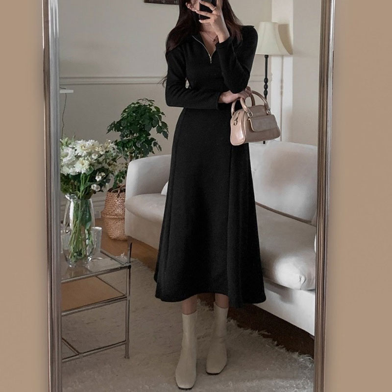 ANNAS 正韓刷毛拉鍊腰身洋裝 長袖加絨連身裙 保暖顯瘦顯腰身 韓國刷毛長洋裝 V領高領長裙 4