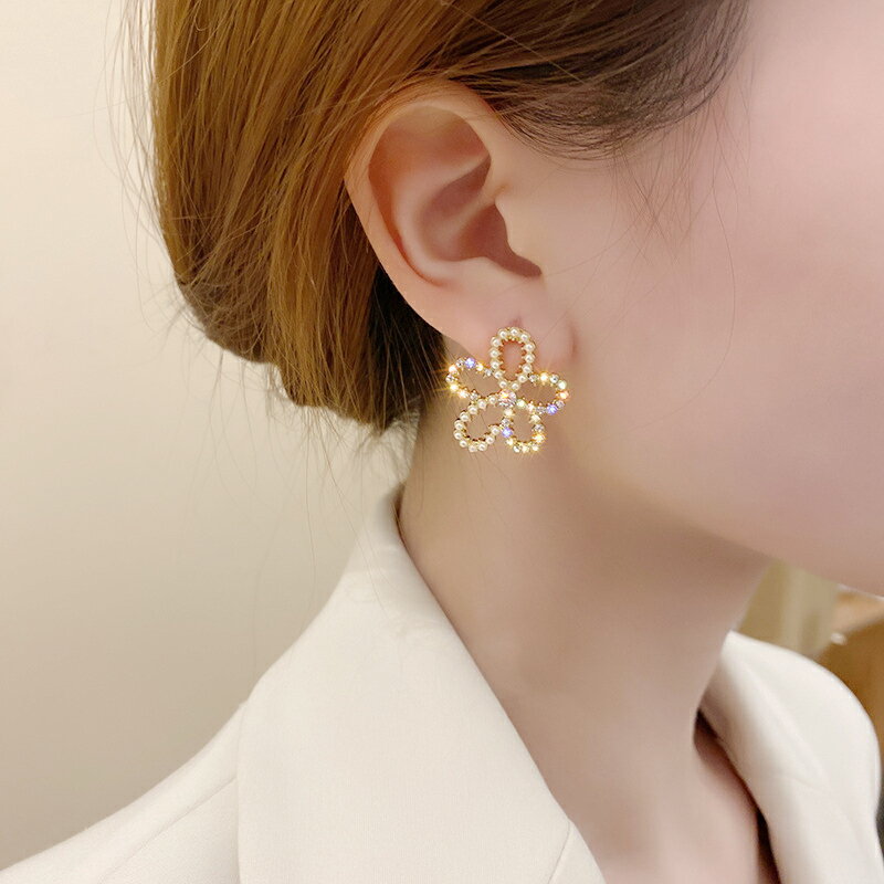 925銀針韓國東大門時尚個性潮耳環女鑲鉆珍珠花朵氣質設計感耳飾
