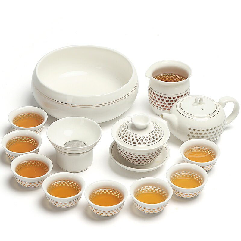 輕奢簡約青花玲瓏茶具套裝蜂鏤空陶瓷功夫家用茶壺茶杯子蓋碗客廳