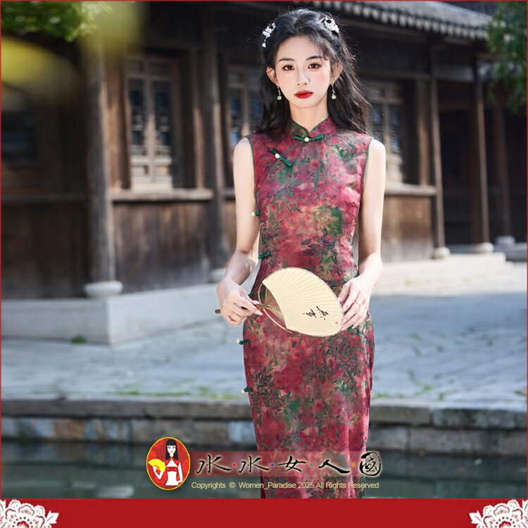 少女長款無袖旗袍春夏新款中式印花改良文藝復古中國風日常連身裙洋裝氣質顯白顯瘦-丹艷-水水女人國