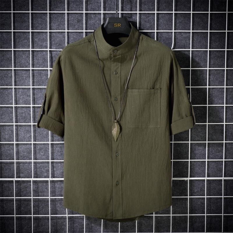 【新品】M-5XL中國風上衣 亞麻上衣 棉麻上衣 中國風男裝夏季日係休閒立領亞麻短袖襯衫男士薄款透氣寬鬆大碼棉麻白色襯衣