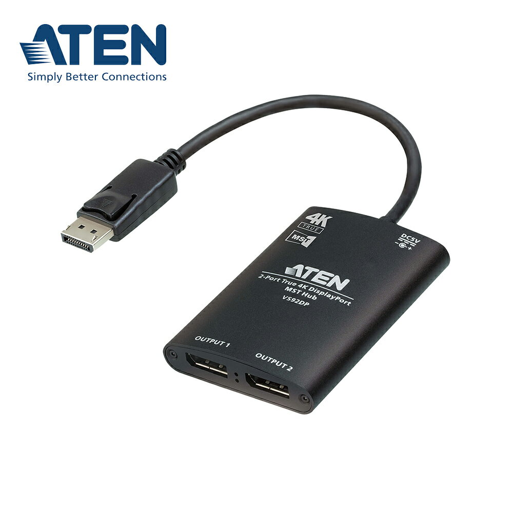 【預購】ATEN VS92DP 2埠 True 4K Display Port分配器 (內建MST Hub)