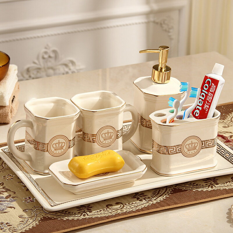 輕奢歐式衛浴五件套陶瓷漱口杯浴室牙具用品衛生間刷牙杯洗漱套裝