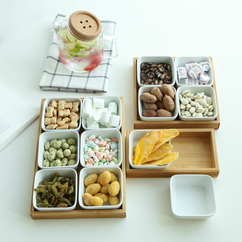 竹托盤 陶瓷干果盤零食盤日式分格盤家用客廳下午茶糖果點心碟
