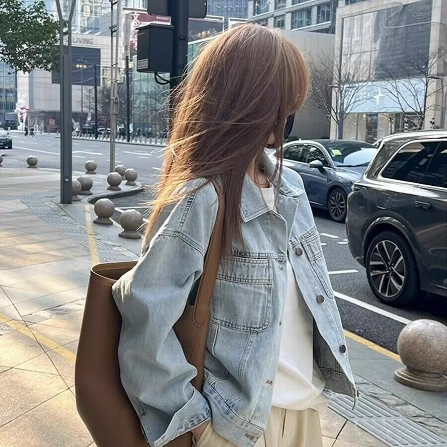 FUXI 復古水洗棉牛仔外套女 短版外套 長袖外套 薄款韓版寬鬆外套 翻領襯衫 長袖上衣 女裝 衣服