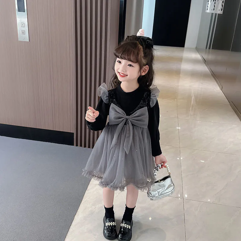 兒童洋裝 公主蝴蝶結禮服裙子 女童連衣裙 洋氣小女孩公主裙 兒童紗裙 百搭長袖裙 女生連身裙【不二雜貨】