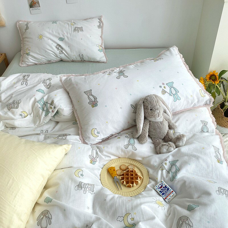 INS韓式可愛清新卡通印花全棉雙層紗床包四件組 流蘇 花邊 保暖 親膚裸睡 嬰兒級 床包 被套 被罩 單人 雙人 加大