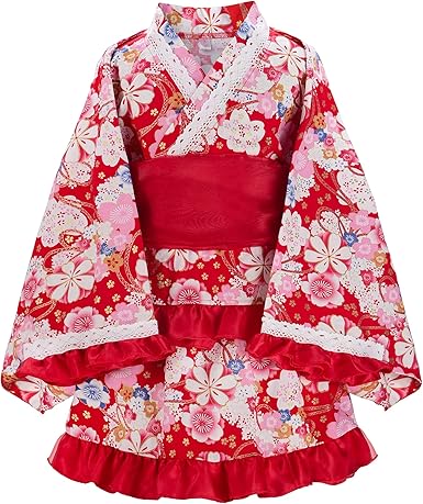 ReliBeauty【日本代購】浴衣禮服兒童女孩分離式帶金屬線帶蕾絲荷葉邊100%純棉夏祭時尚可愛兵兒腰帶套裝-紅色