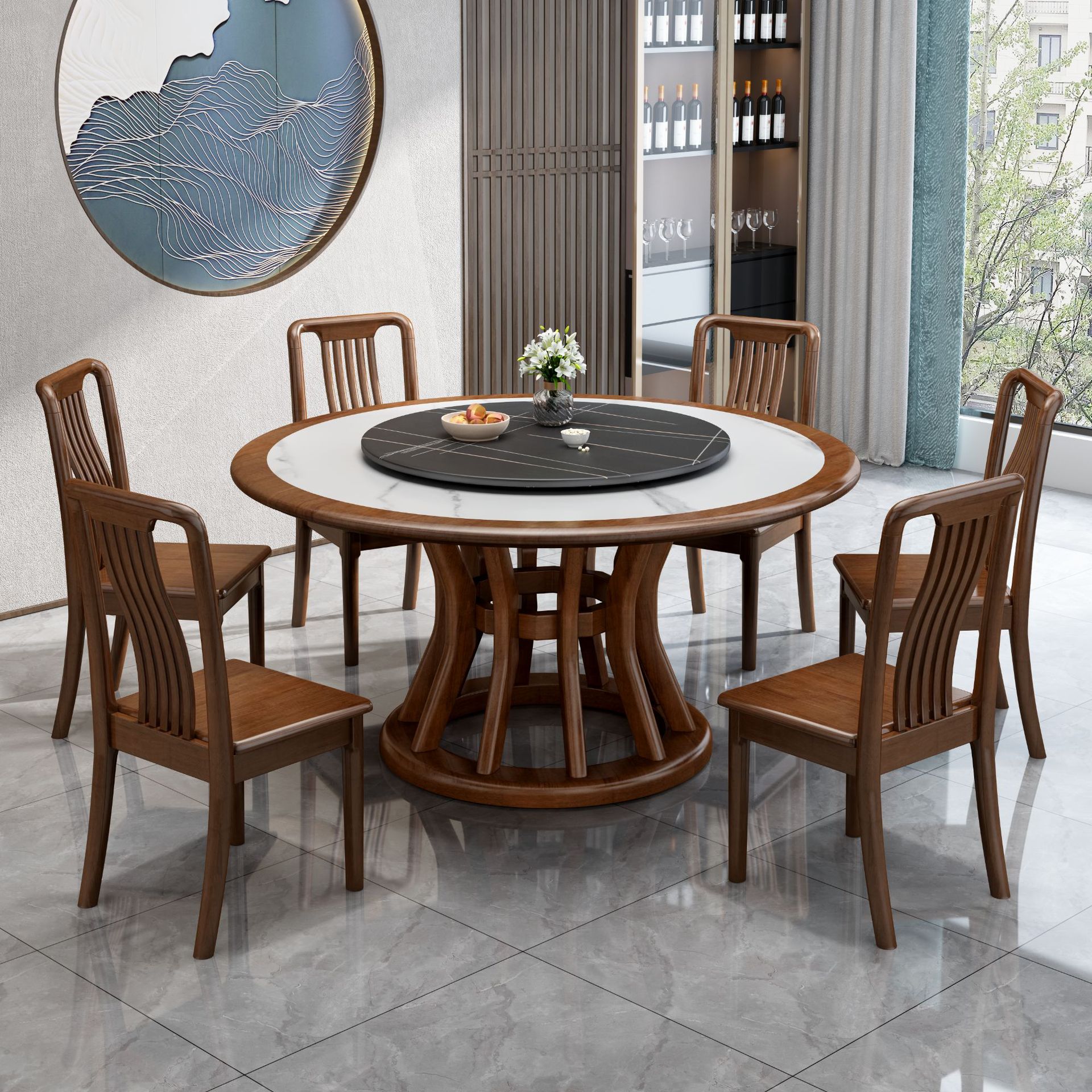 桌子 新中式巖板圓餐桌實木家用圓桌小戶型圓形飯桌帶轉盤