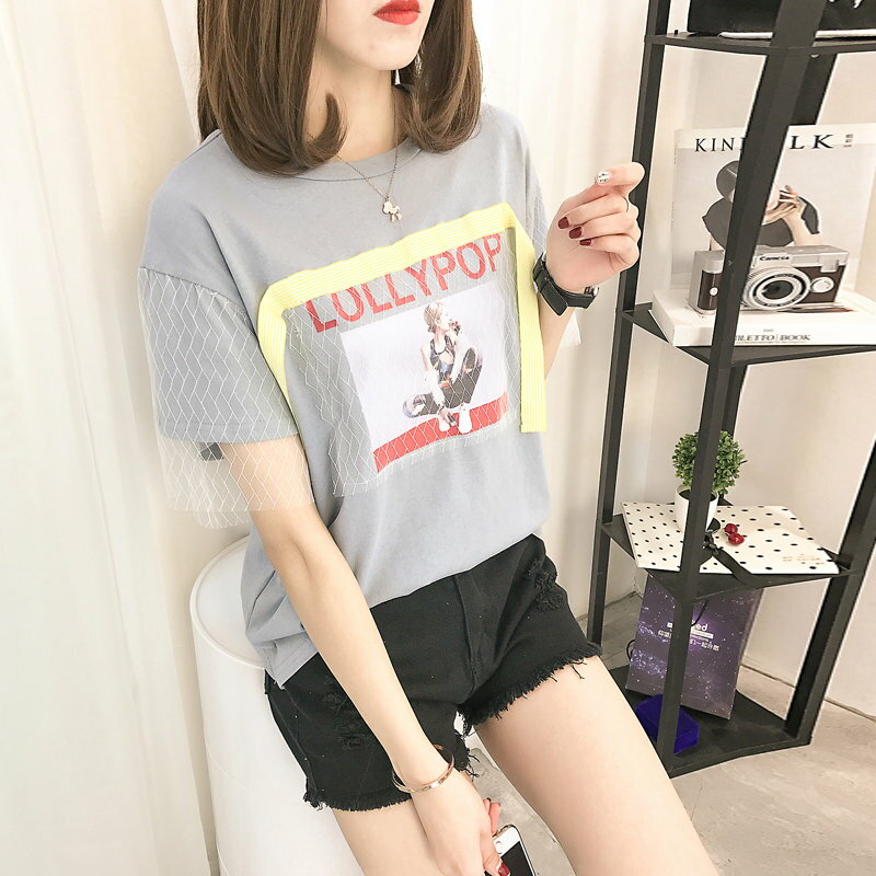 FINDSENSE G5 韓國時尚 個性 圓領 飄帶 寬鬆 短袖 T恤 網紗 拼接 打底衫