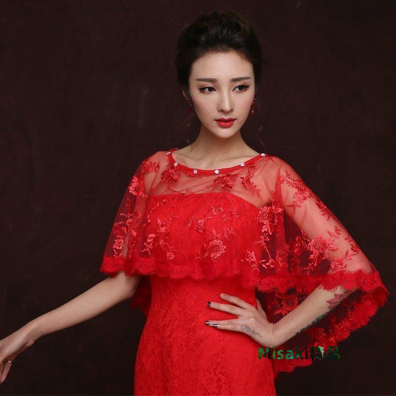 婚紗披肩蕾絲春秋夏季新娘薄款坎肩白色紅色禮服披肩女絲巾小外套#披肩#斗篷#坎肩#裝飾-Misaki精品
