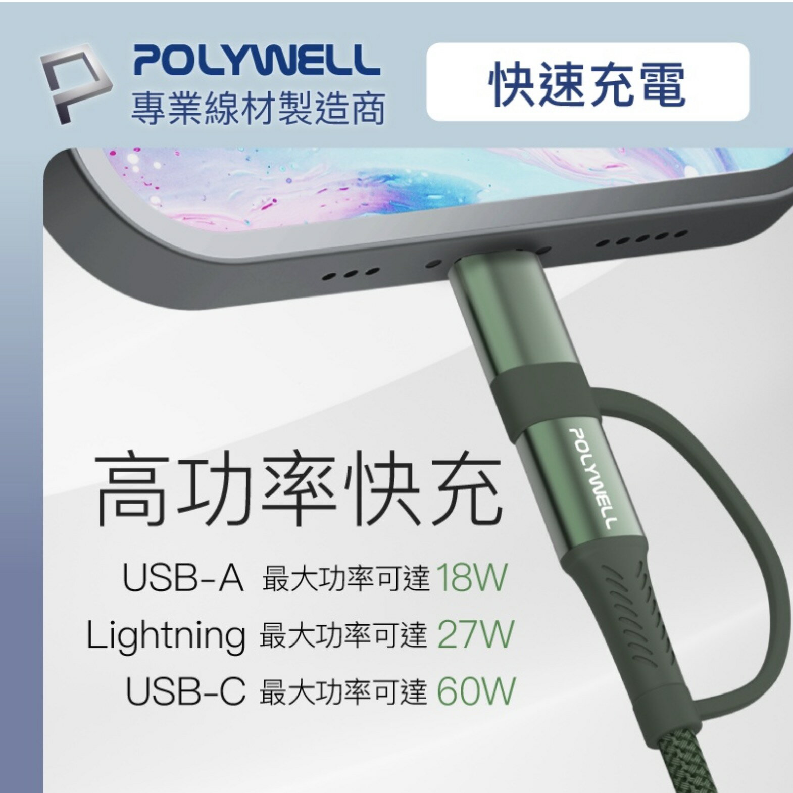 POLYWELL 四合一 PD 編織 快充線 USB A C Lightning 適用 安卓 蘋果 iphone 14 4