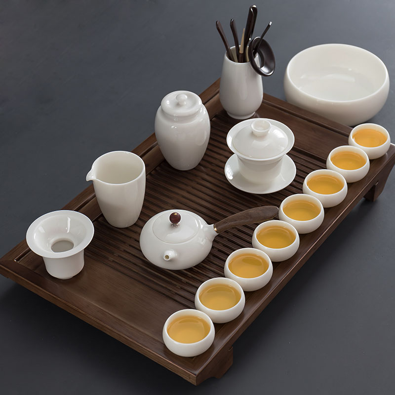 德化羊脂玉瓷功夫茶具套裝家用茶盤白瓷蓋碗茶壺茶杯中式禪意辦公