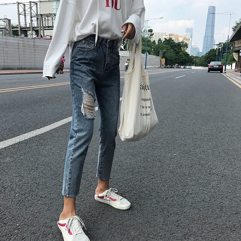 初秋韓國水洗做舊牛仔褲女修身顯瘦彈力直筒褲學生磨破小腳褲1入