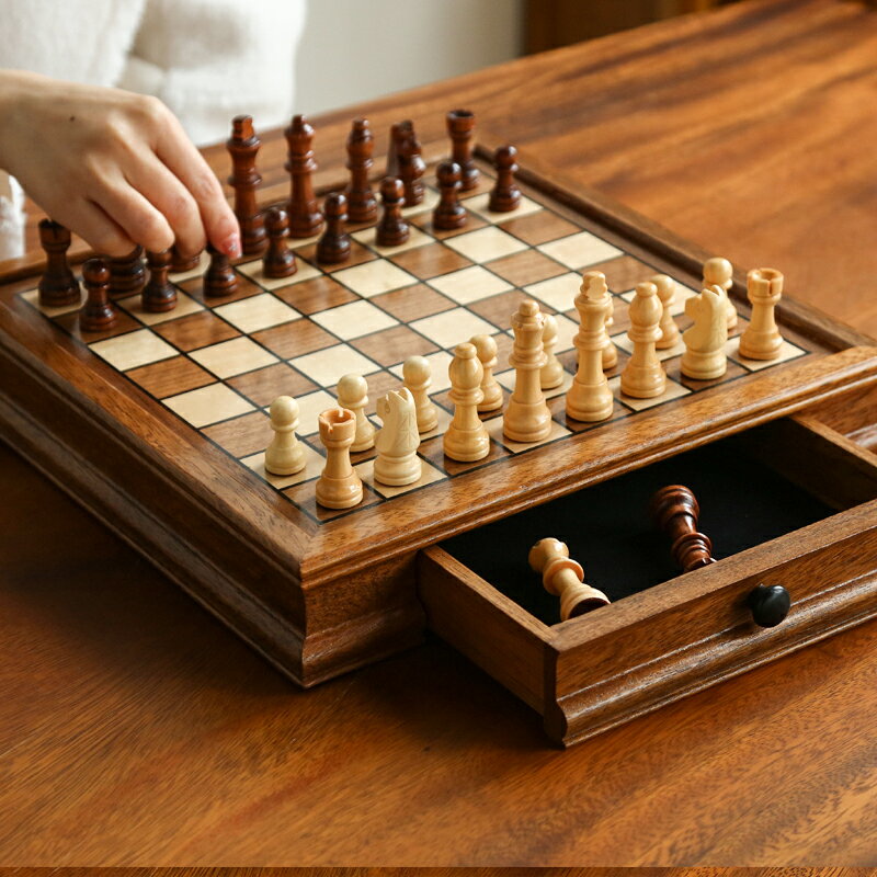 國際象棋 西洋棋 摺疊棋盤 國際象棋木質磁性套裝抽屜款高檔胡桃木實木沙比利棋盒chess收藏『xy16605』