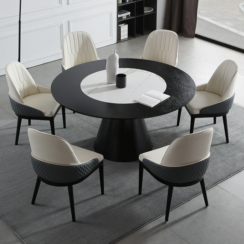 北歐圓形餐桌椅組合現代簡約圓餐桌家用帶嵌入式轉盤圓桌