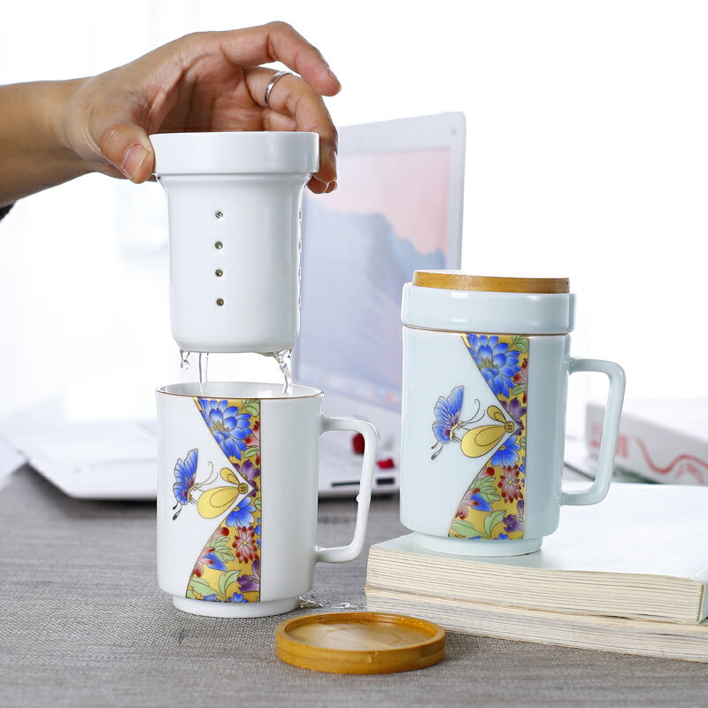 青瓷茶杯陶瓷過濾帶蓋茶水分離杯子泡茶杯主人杯個人水杯簡約創意