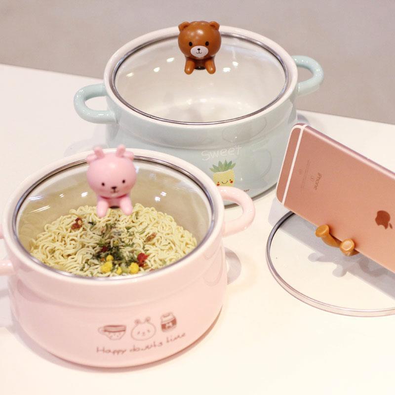 日式卡通大號泡麵碗帶蓋雙耳陶瓷碗可愛學生飯碗大碗湯碗餐具套裝