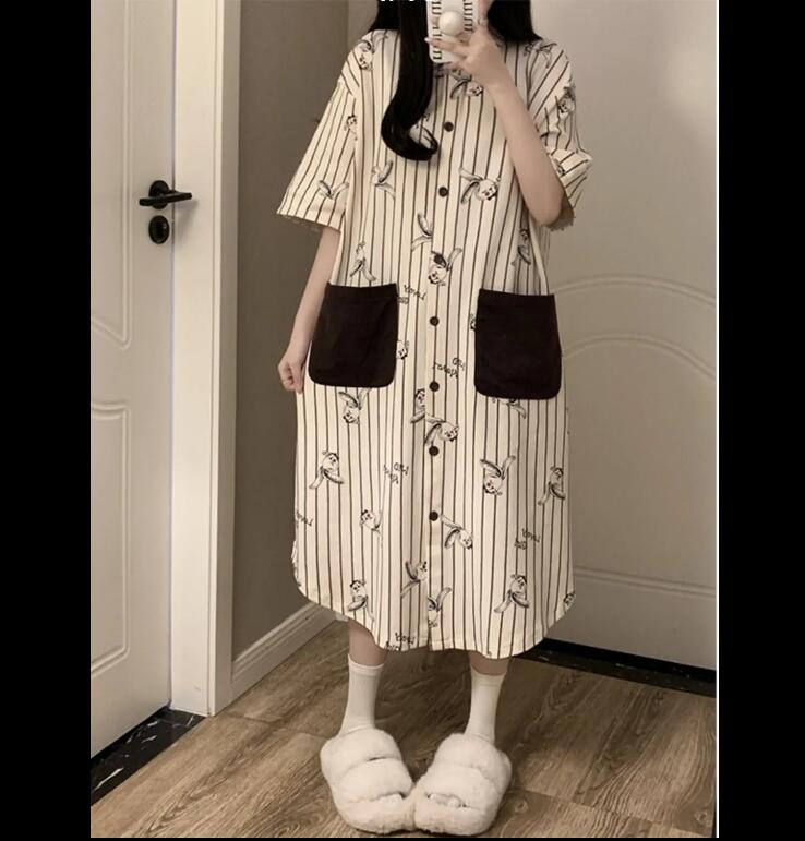 特大碼冰絲睡裙女條紋兔短袖襯衫夏季新款中長款睡衣居家服【步行者戶外生活館】P