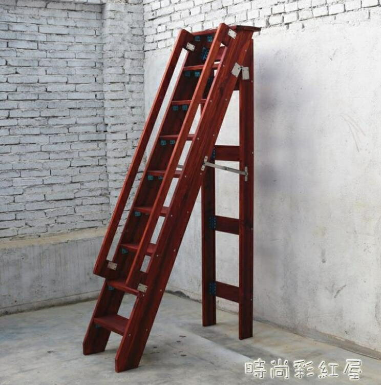 家用實木防滑直梯 單側人字梯登高梯閣樓簡易折疊樓梯 木梯花架子「時尚彩紅屋」