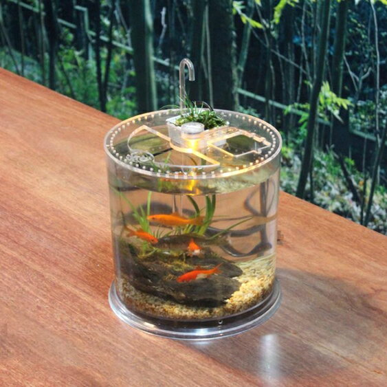 創意圓柱形桌面魚缸小型烏龜缸帶曬臺爬蟲飼養盒透明亞克力造景箱 小山好物