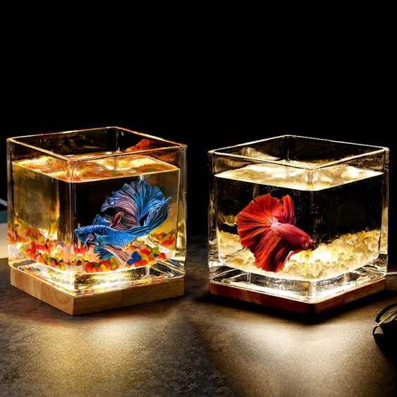 超白加厚方形玻璃魚缸客廳辦公桌面創意生態小型鬥魚缸夜燈迷你缸 小山好物
