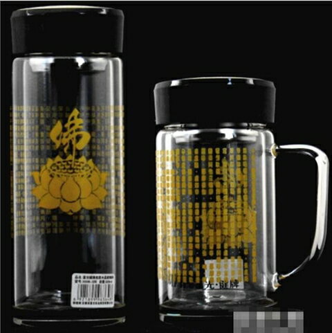 買一送一大悲咒雙層水晶玻璃杯 水知道答案蓮花佛水杯 佛教經文結緣茶杯 向日葵