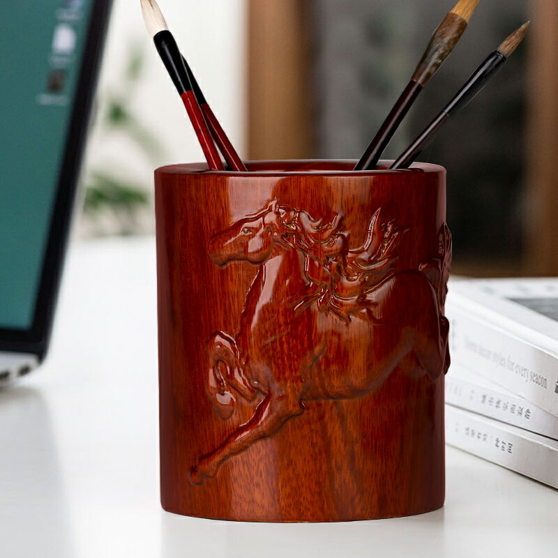 紅木雕刻工藝品書房辦公擺件 實木質十二生肖馬筆筒 原木復古中式