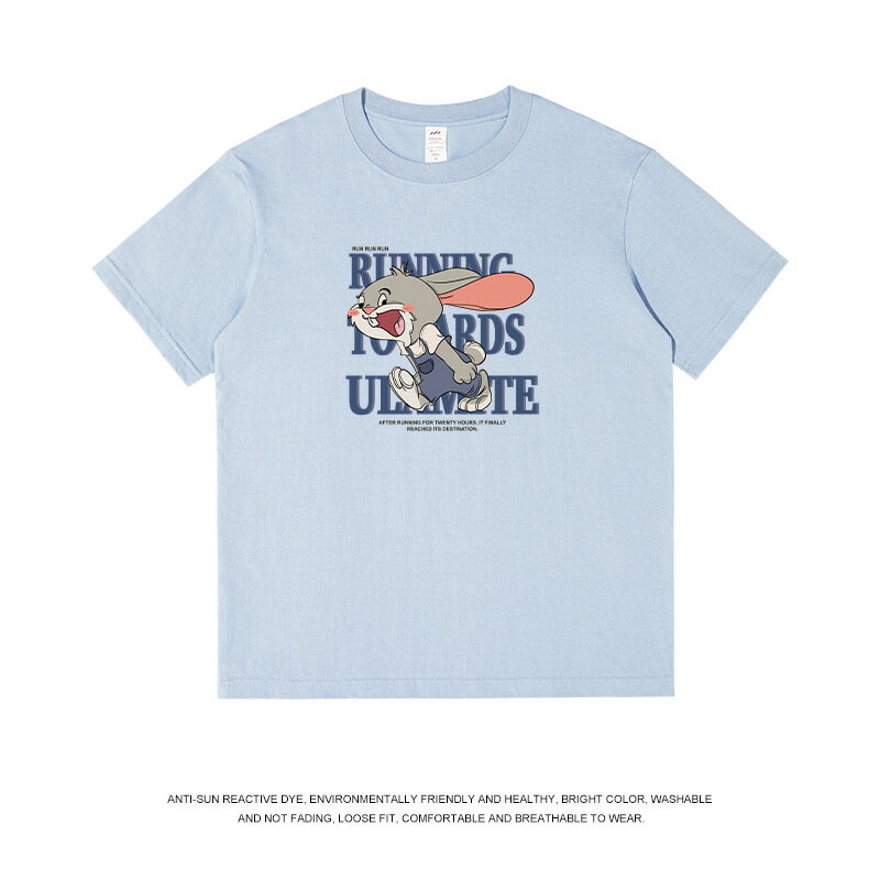 【喜挖】日系卡通印花短袖T恤男寬鬆潮牌夏季ins兔子情侶休閒半袖體恤上衣 0