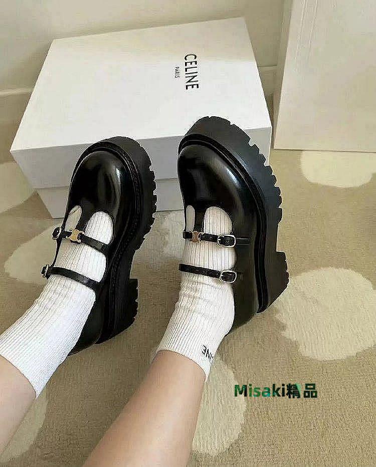 UU代購~CELINE鬆糕厚底瑪麗珍鞋春季新款瑪麗珍鞋休閑樂福鞋開邊珠-Misaki精品