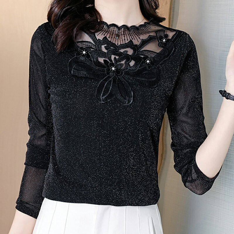 【巴黎精品】現貨+預購高級蕾絲上衣長袖雪紡衫網紗拼接氣質打底衫內搭休閒女裝-花邊領口細閃女上衣a1kw44