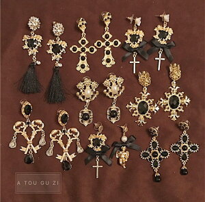 歐美風古董vintage復古氣質巴洛克黑色寶石十字架夸張長款耳環女