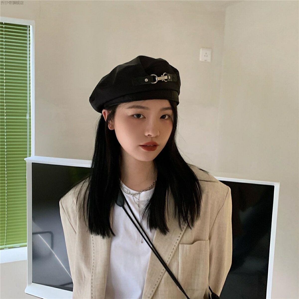 鹽可甜 金屬扣機能風時髦黑色貝雷帽女春夏英倫畫家帽秋季潮9 協貿國際日用品生活5館 Rakuten