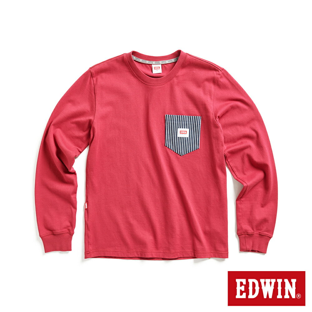 EDWIN 工裝直紋丹寧布拼貼口袋長袖T恤-男款 暗紅色