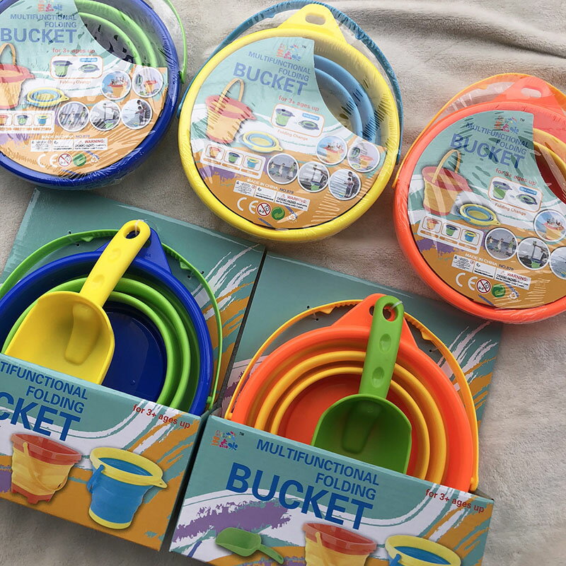 外貿出口硅膠折疊伸縮水桶戲水沙灘玩具釣魚便攜兒童彩色小桶