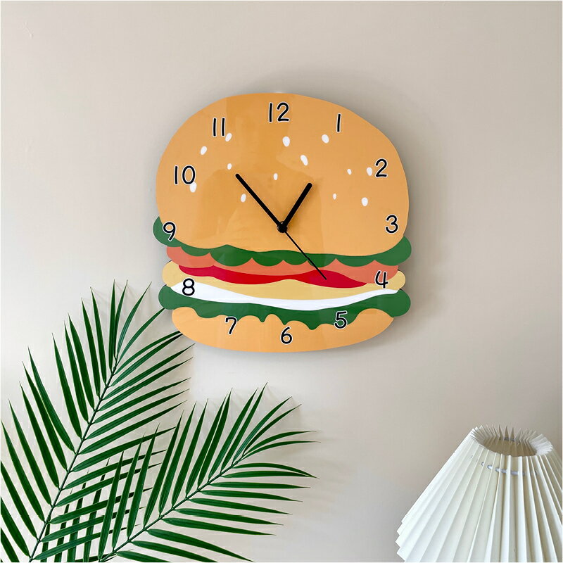 掛鐘 鬧鐘 卡通創意個性漢堡裝飾鐘錶快餐店幼稚園餐飲靜音食物掛鐘時鐘『my6113』